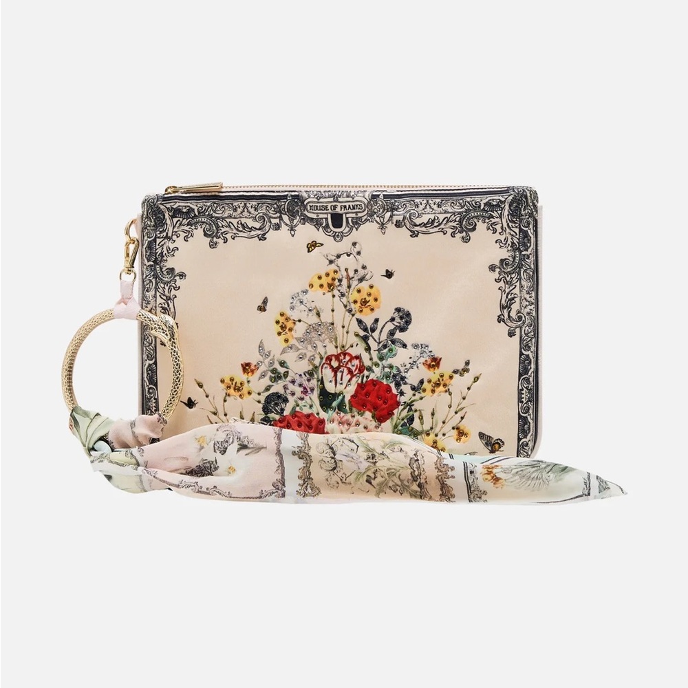 CAMILLA “Etched into Eternity” ivory silk floral ring scarf romantic clutch bag